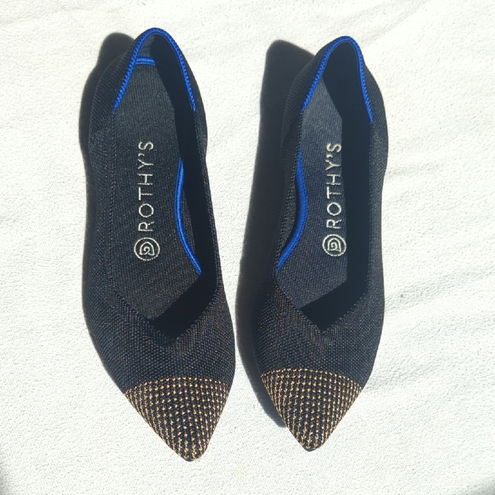 Rothy's Black and Gold Flats with Pointed Toe
